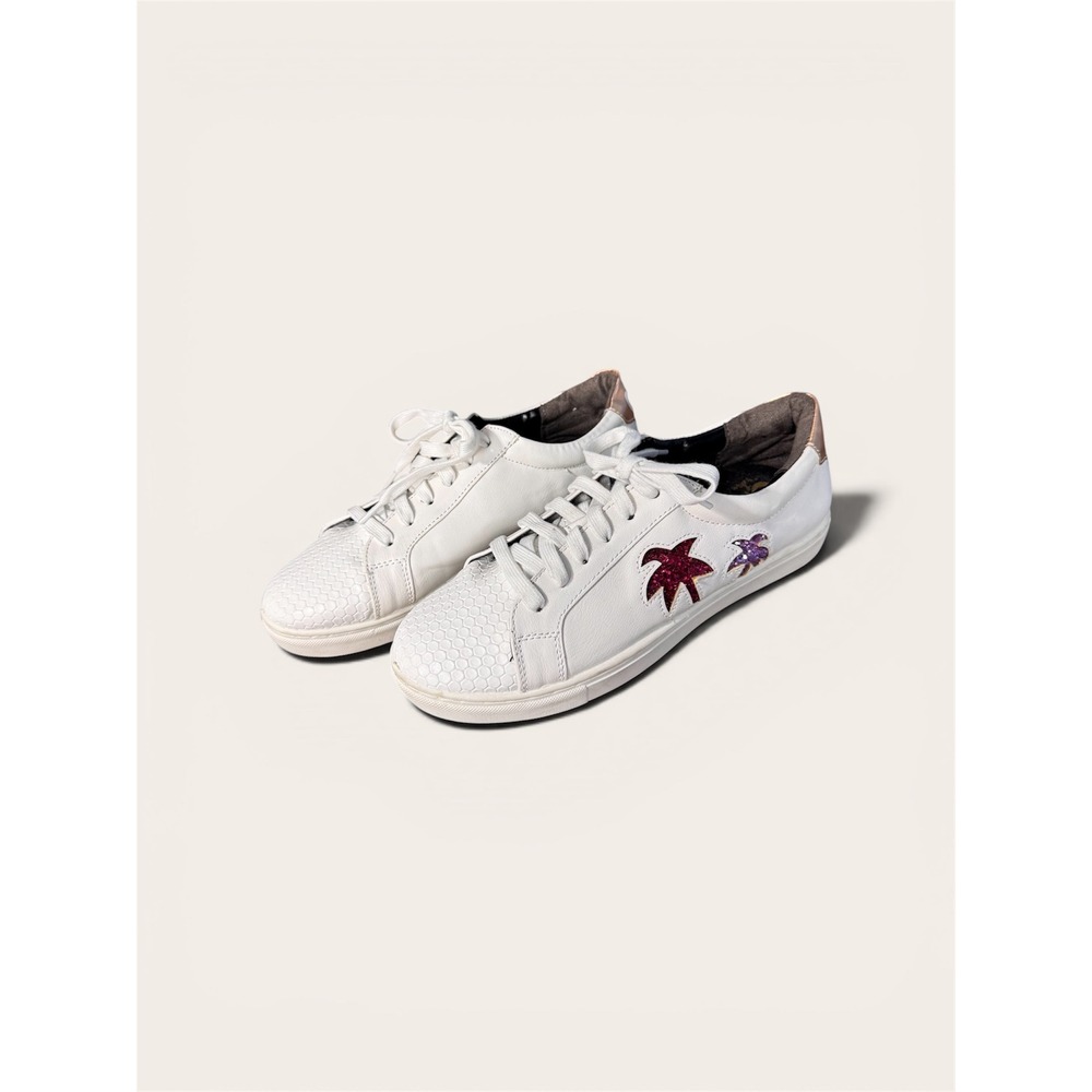 Circus by Sam Edelman White Glitter Palm Tree Sneakers Iridescent Heel Rose Gold